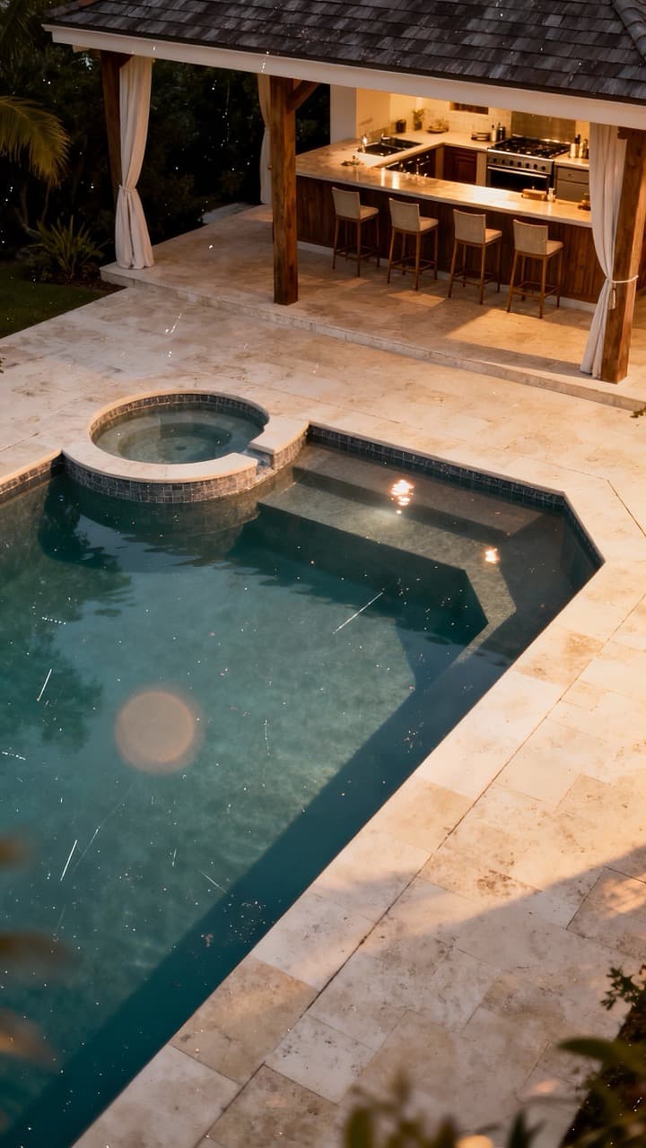 Aerial view of a geometric infinity pool with integrated spa, travertine deck, and covered outdoor kitchen pavilion with bar seating