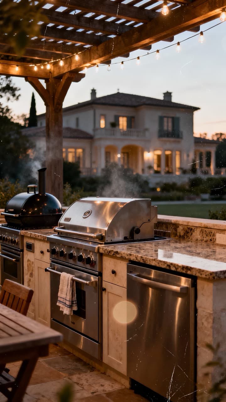 Professional-grade outdoor kitchen featuring stainless steel appliances, granite countertops, built-in smoker, and pergola with string lights at dusk