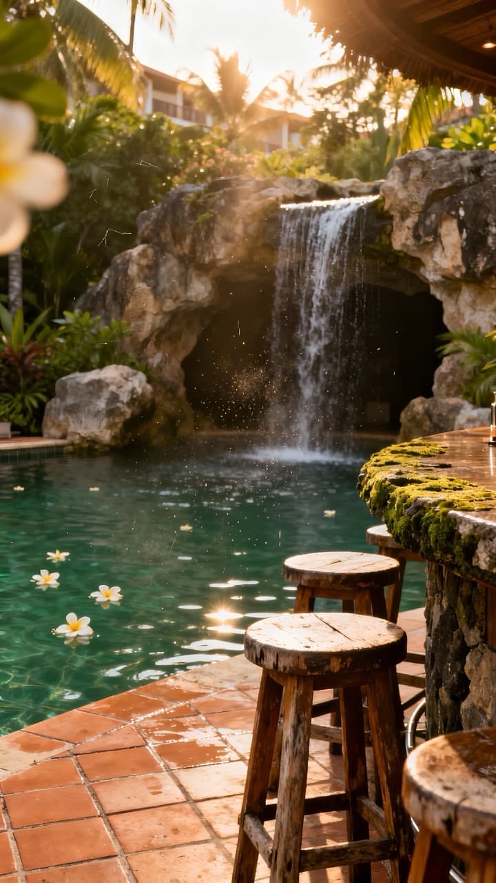 Resort-style lagoon pool with natural rock waterfall, grotto, swim-up bar, and lush tropical landscaping