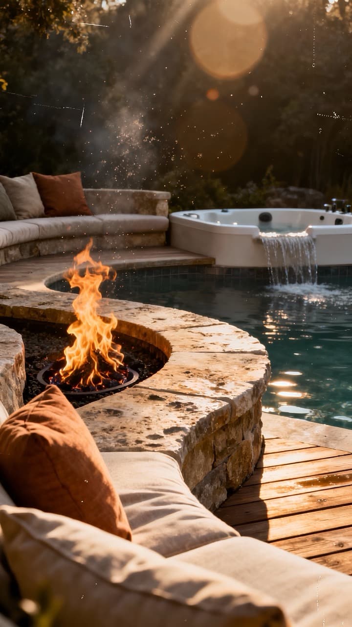 Custom fire pit lounge area with curved stone seating, gas fire feature, and adjacent spa with spillover into main pool