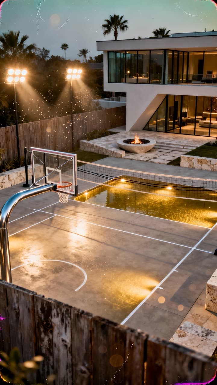 Multi-sport backyard court with basketball hoop, volleyball net, and professional lighting for evening play