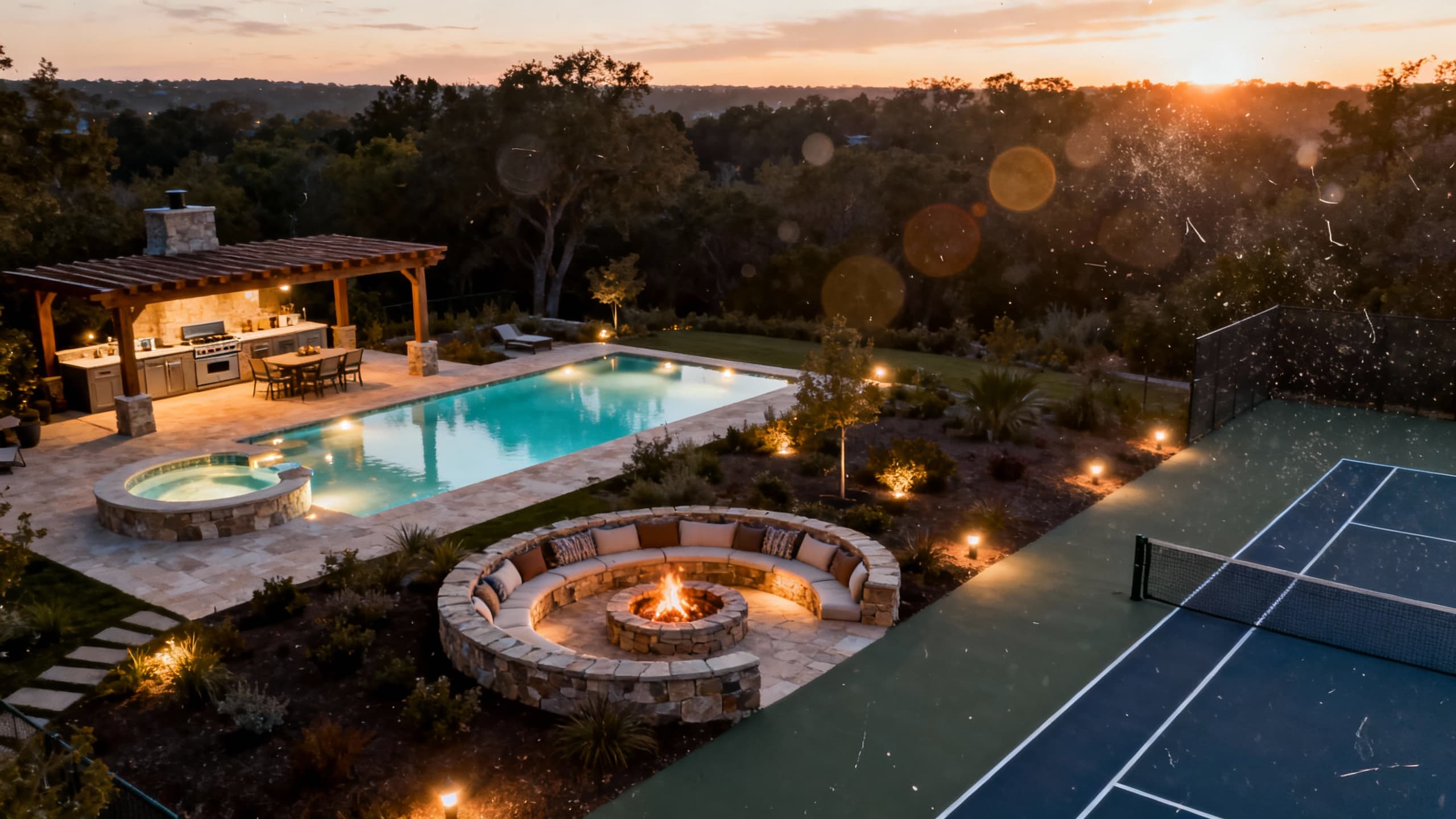 Stunning aerial view of completed luxury outdoor destination at sunset featuring illuminated infinity pool with spa, fully equipped outdoor kitchen under pergola, stone fire pit with curved seating, and professional pickleball court with landscape lighting throughout