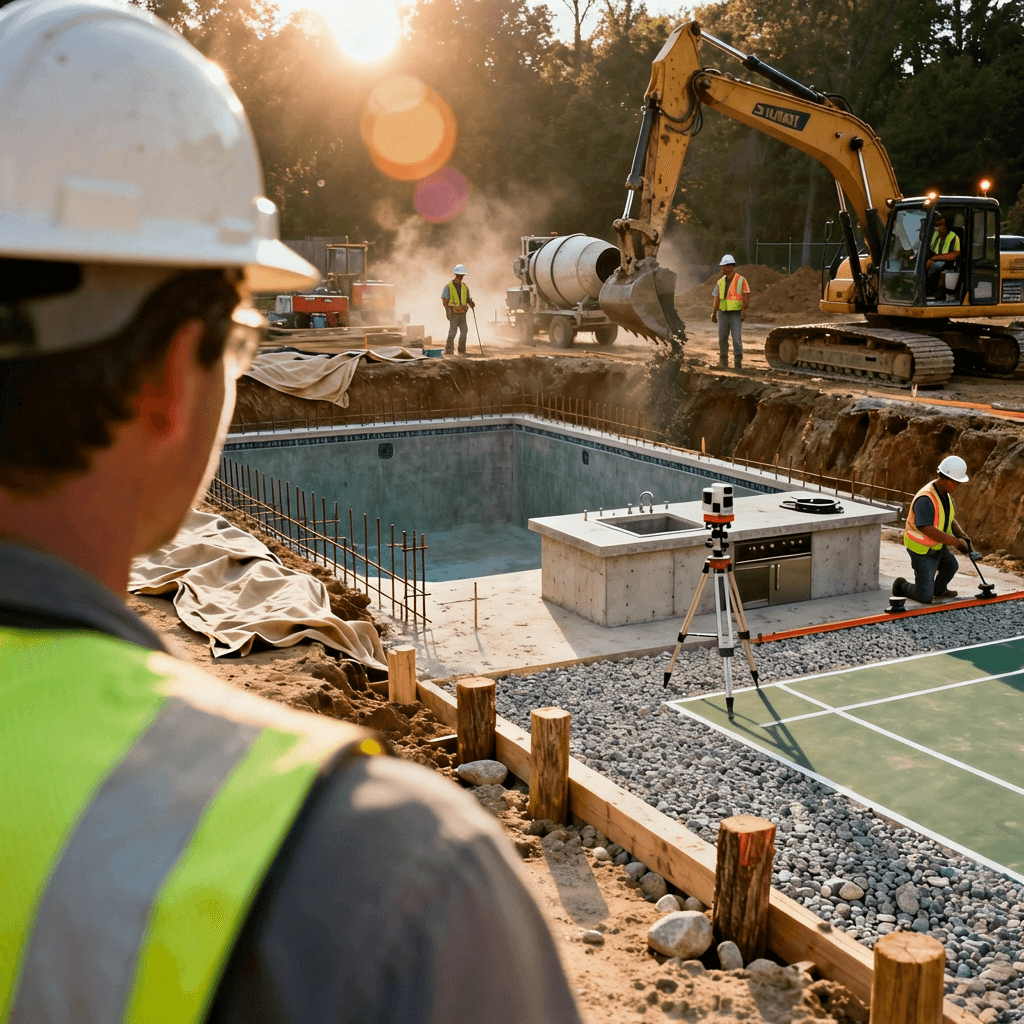 Active construction site showing pool excavation in progress, concrete forms for outdoor kitchen, and sport court base being prepared with professional crew and equipment