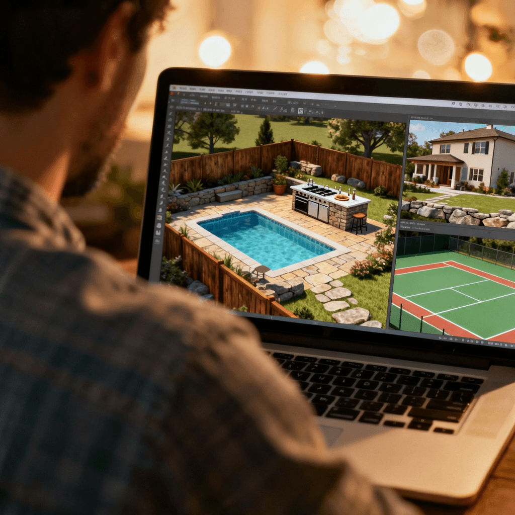 Split screen showing 3D rendering software with photorealistic backyard design including pool, outdoor kitchen, and sports court next to actual property photo
