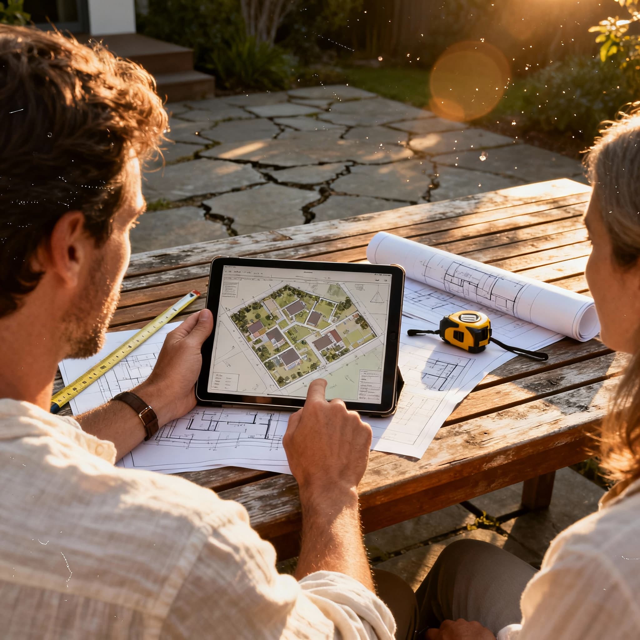 Designer meeting with homeowners in their backyard, reviewing property layout with tablet showing aerial view, measuring tape and blueprints visible on patio table
