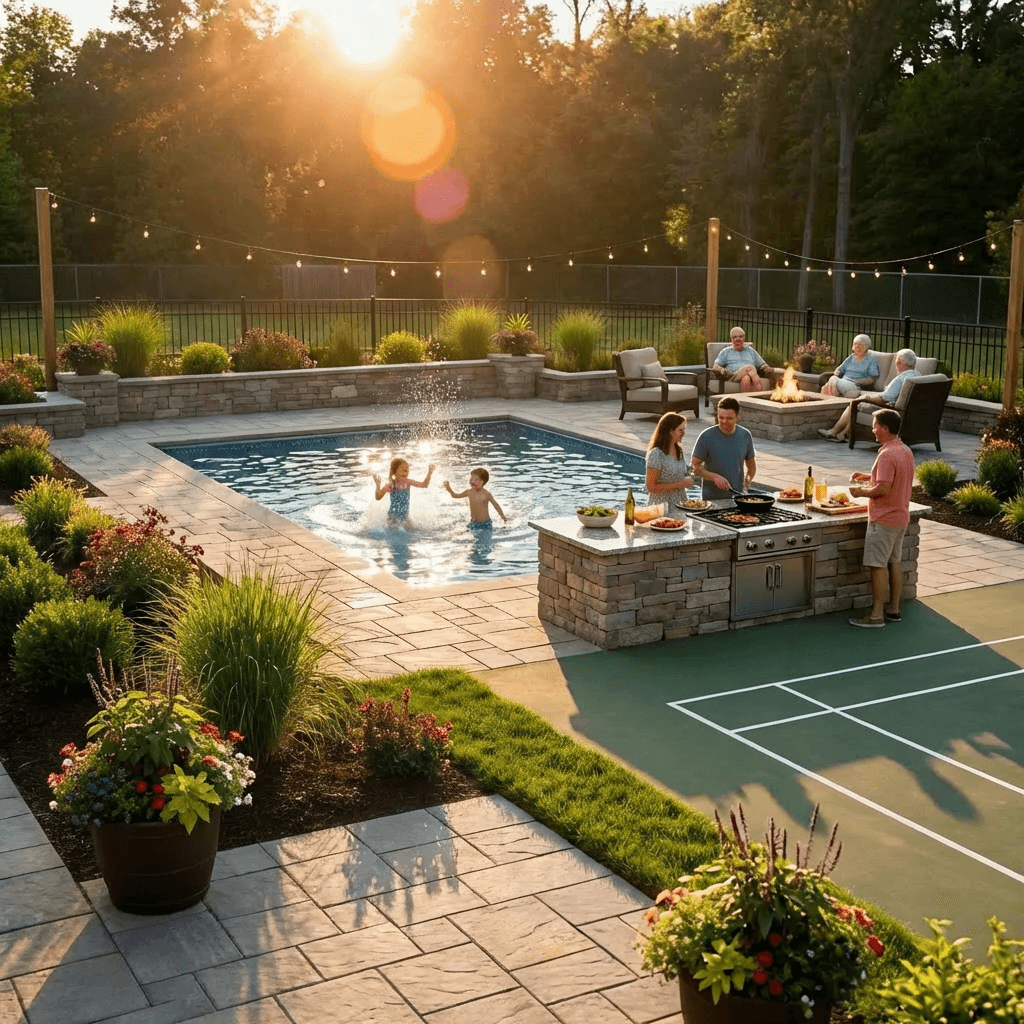 Happy family enjoying their completed backyard oasis at sunset - kids playing in pool, parents at outdoor kitchen, grandparents watching from fire pit lounge area