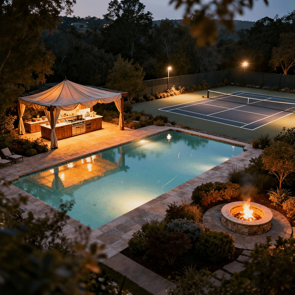 Aerial twilight view of sprawling estate backyard with illuminated infinity pool, covered outdoor kitchen pavilion, regulation pickleball court with sport lighting, and circular fire pit area surrounded by mature landscaping