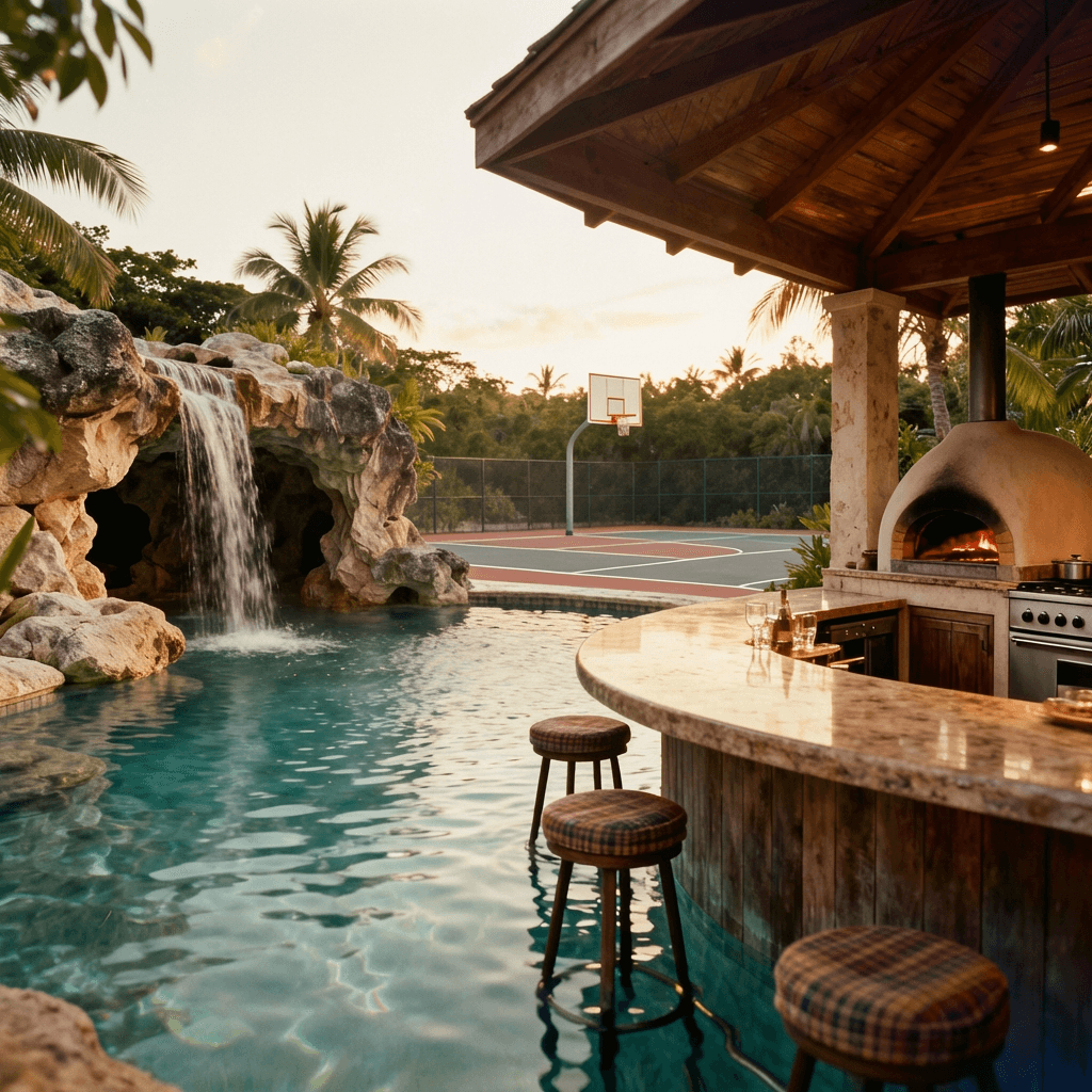 Tropical lagoon-style pool with natural rock waterfall and grotto, swim-up bar with underwater stools, covered outdoor kitchen with pizza oven, and sport court with basketball hoop visible in background