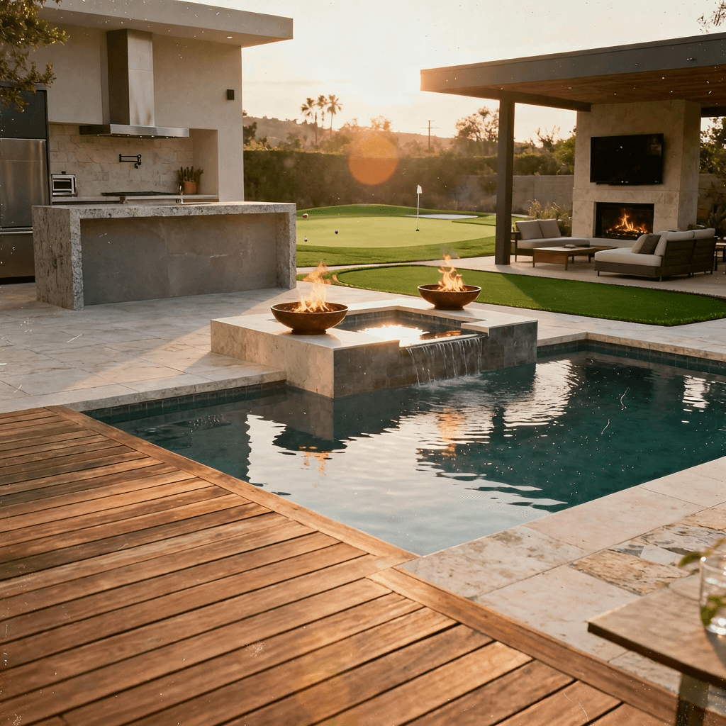Modern geometric pool with raised spa and fire bowls, minimalist outdoor kitchen with waterfall countertop, professional putting green, and contemporary covered lounge with outdoor TV and fireplace