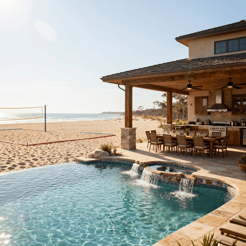 Family-friendly backyard featuring zero-entry pool with splash features, sandy beach area, large outdoor kitchen with dining for 12, sand volleyball court, and spacious covered patio with ceiling fans