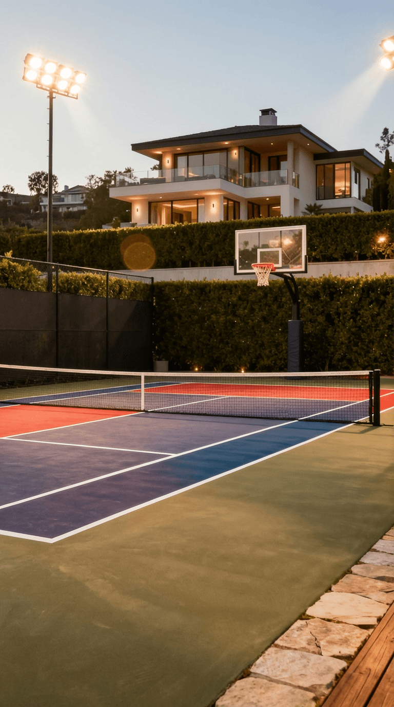 Professional multi-sport court with pickleball lines, basketball hoop, cushioned sport court surface in team colors, surrounded by privacy hedges and LED stadium lighting
