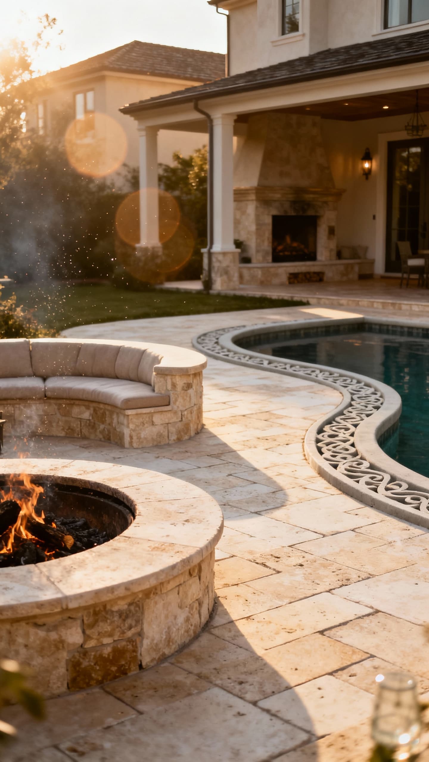 Elegant travertine paver patio with circular fire pit, curved stone seating wall, outdoor fireplace, and decorative concrete borders connecting pool deck to covered lanai