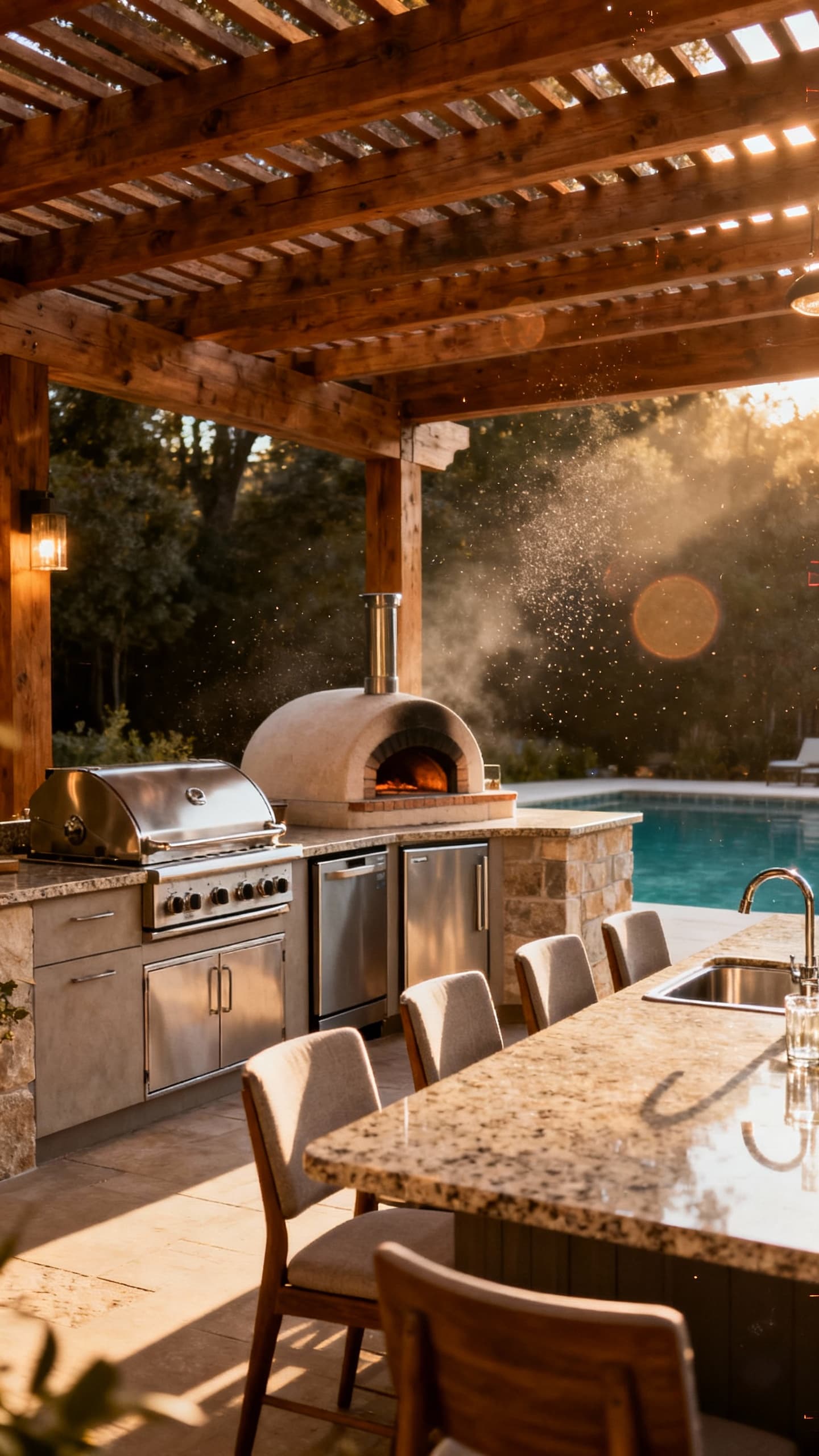 Fully equipped outdoor kitchen pavilion with stainless steel grill, pizza oven, refrigerator, sink, granite bar top with seating for eight, and ceiling fans under a cedar pergola