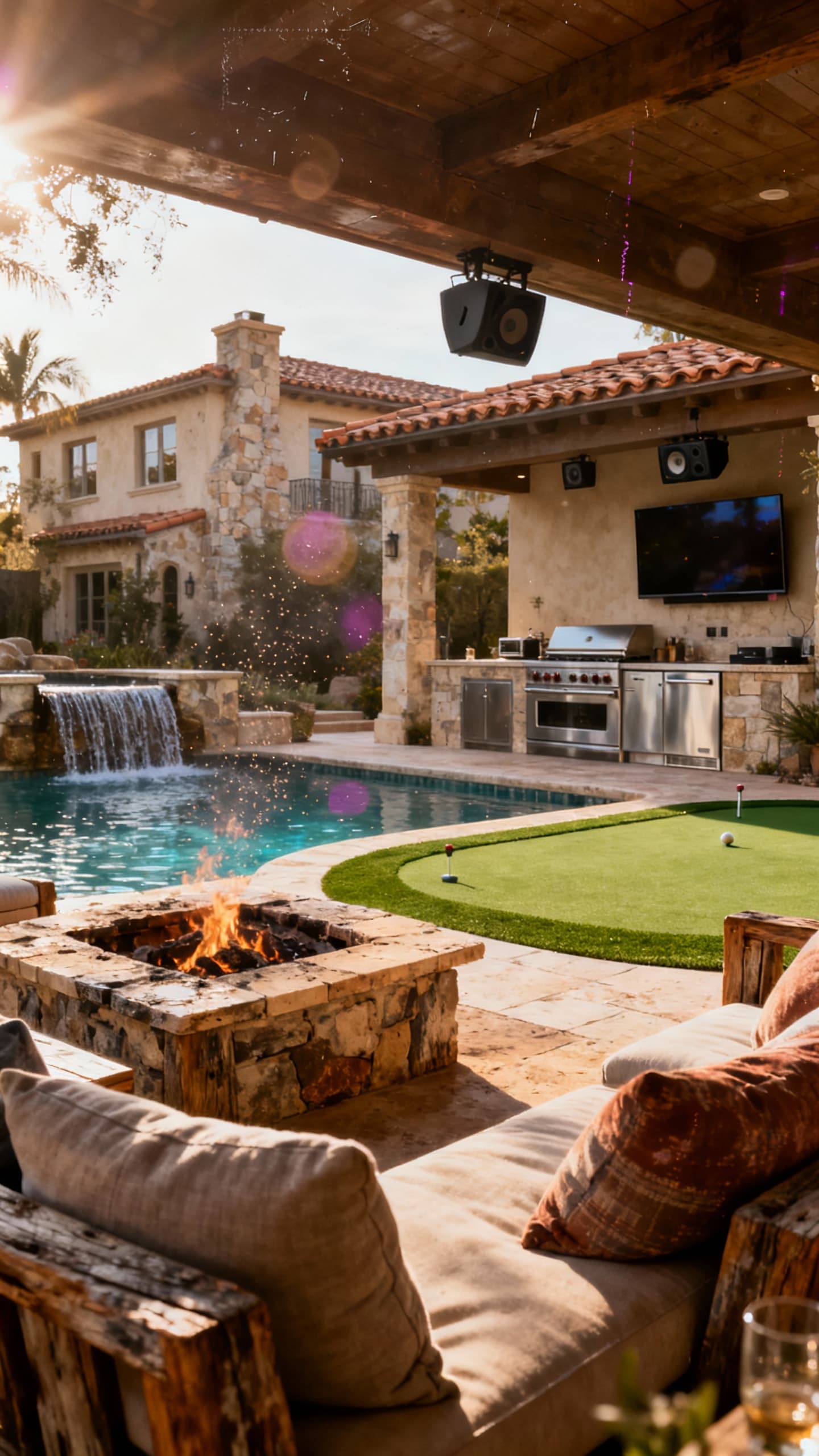 Full resort-style backyard transformation featuring pool with waterfall, outdoor kitchen, fire pit lounge, putting green, and covered entertainment area with TV and sound system