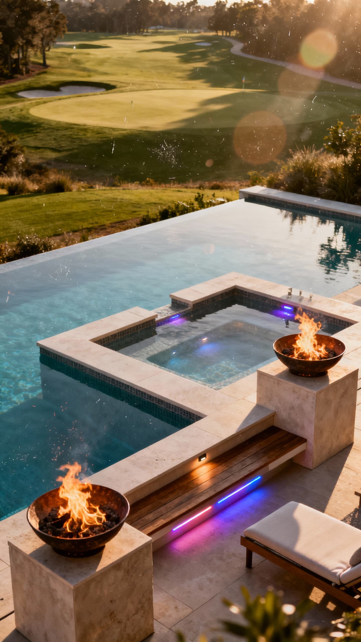 Stunning geometric infinity pool with integrated raised spa, fire bowls on pedestals, LED color-changing lights, and sun shelf with built-in loungers overlooking a golf course
