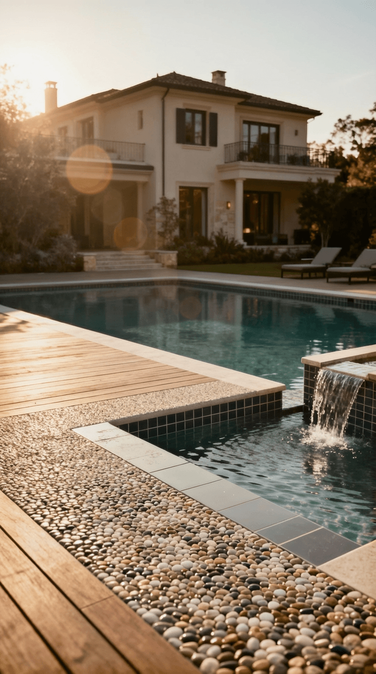 After: Before and after pool renovation showing transformed dated pool into modern oasis with new pebble finish, updated tile, resurfaced deck, and added water features