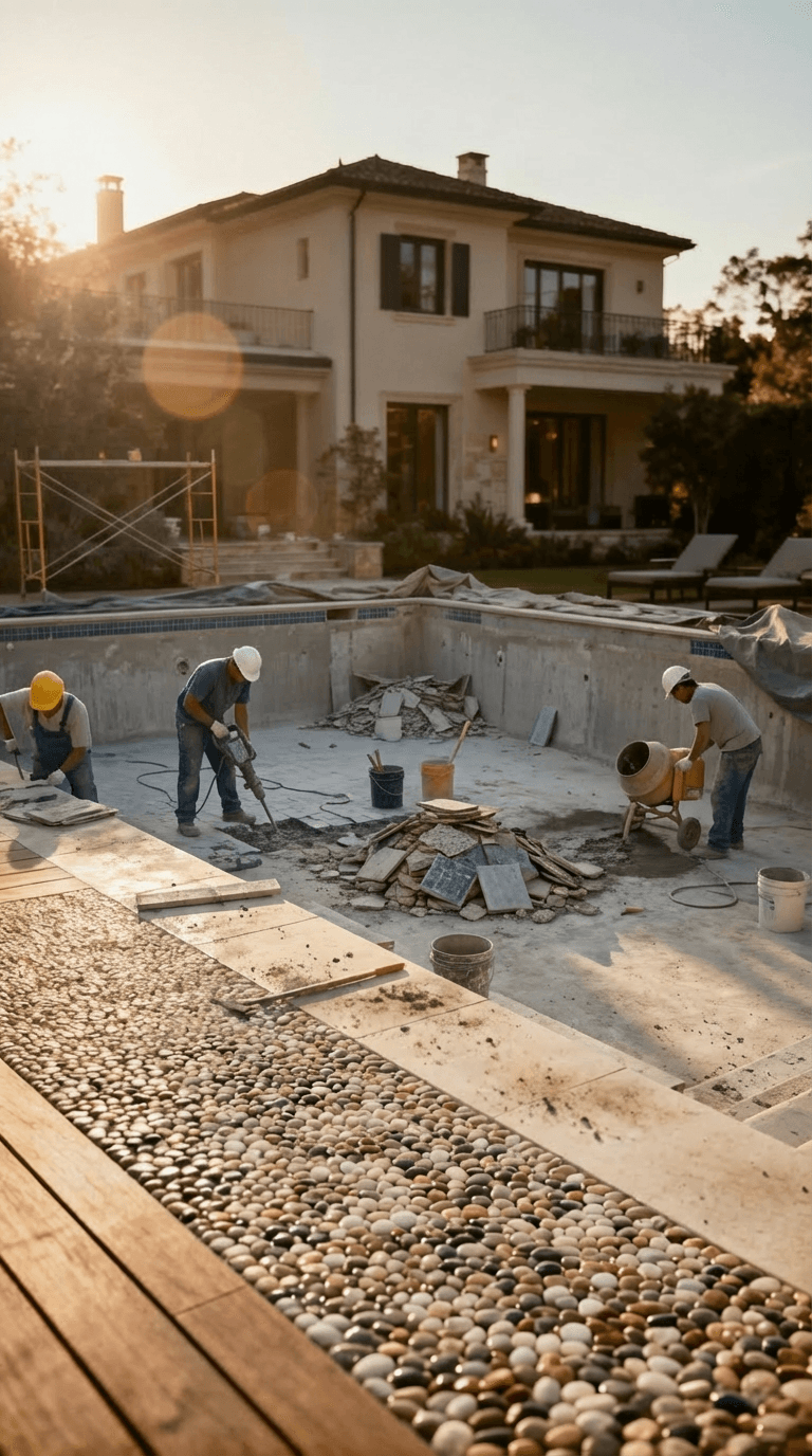 Before and after pool renovation showing transformed dated pool into modern oasis with new pebble finish, updated tile, resurfaced deck, and added water features