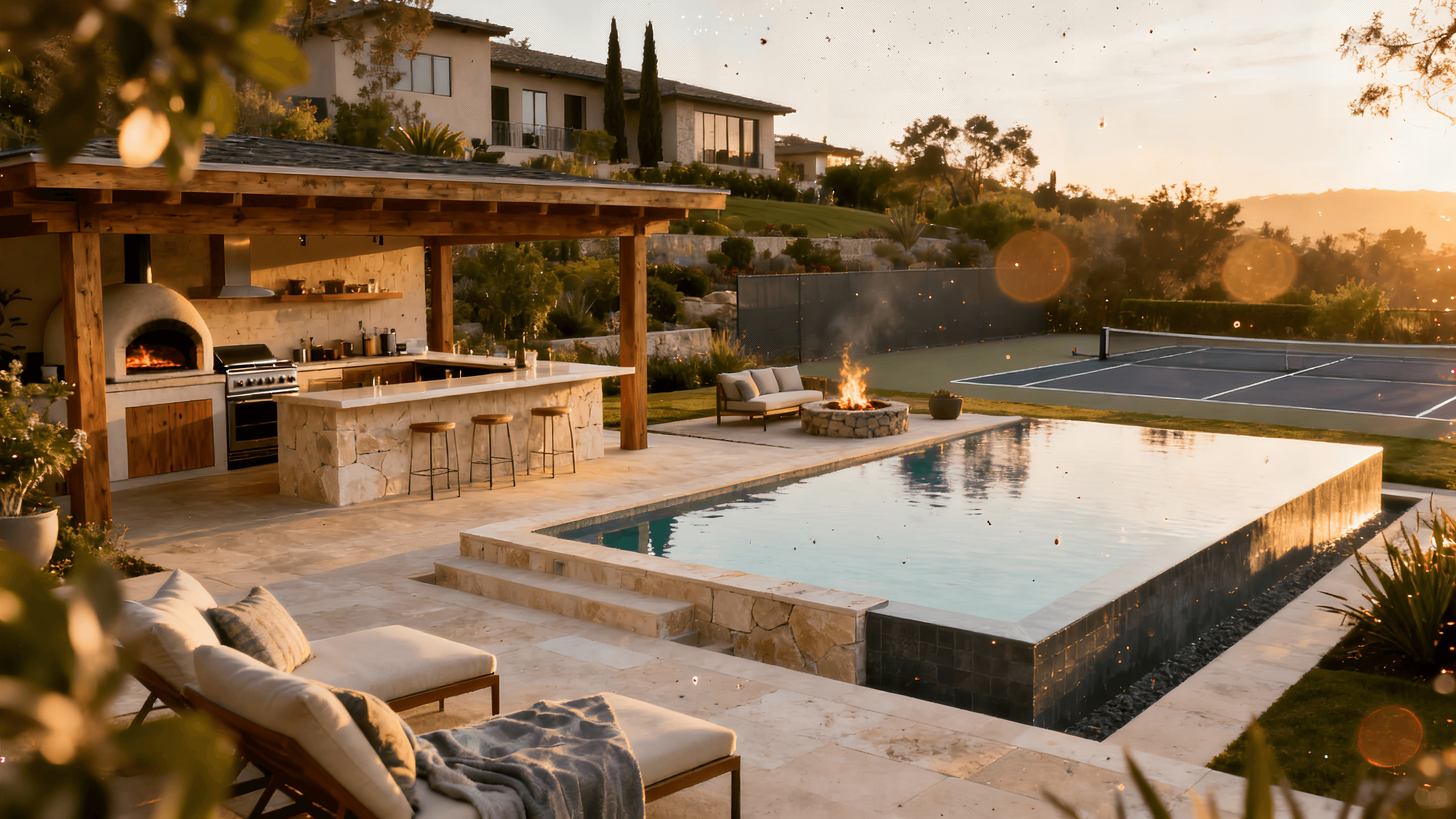 Panoramic view of completed luxury outdoor destination featuring geometric pool with swim-up bar, covered outdoor kitchen with pizza oven and grill, regulation pickleball court, fire pit lounge, and manicured landscaping at golden hour